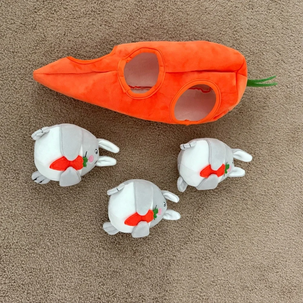 Carrot and Bunny Rabbit Orange and Gray Dog Plush Puzzle Toy with Soft Texture